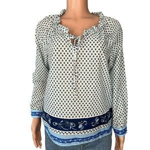 J Crew Top Women’s Small Multicolor Floral Print Ruffle Neck 3/4 Sleeve Cotton